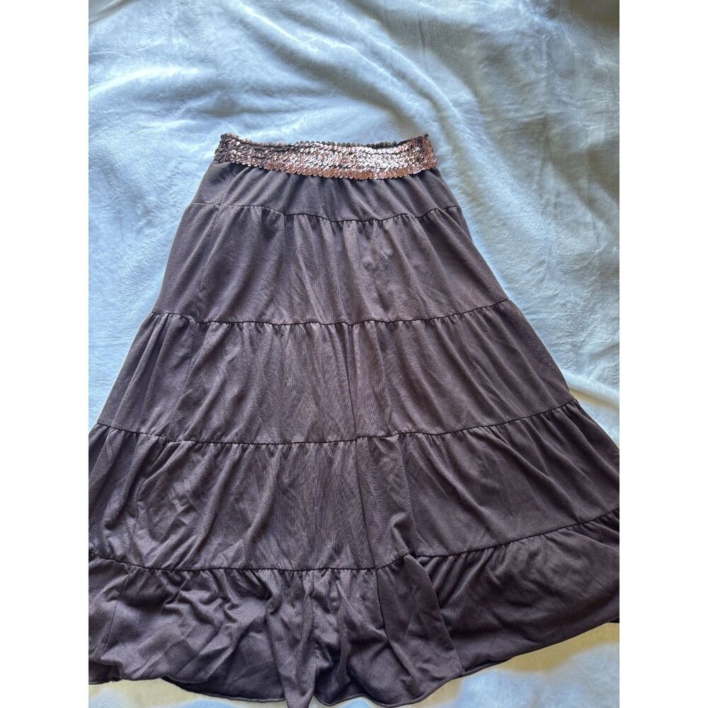 Passport Womens S Brown Sequin Tiered Maxi Skirt Made USA Y2K Boho Festival